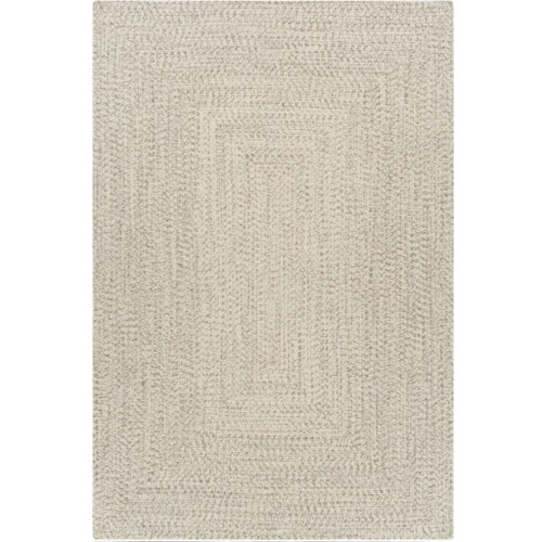 Cream braided polypropylene outdoor rug with a rectangular design.