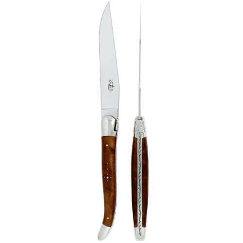 Forge de Laguiole 2 Piece Steak Knife Set Thuya Burl Shiny Finish | Bone & Brass