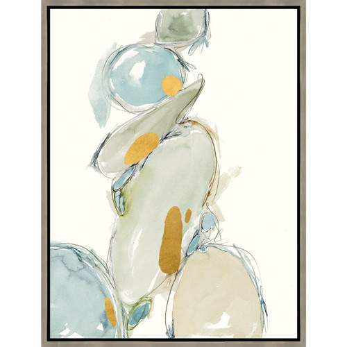 Abstract giclee painting by Sara Brown with stacked blue, green, and gold leaf shapes in a gray frame.