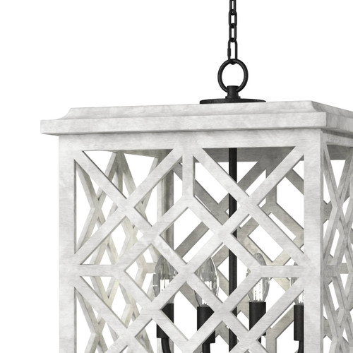 White Chatham Wood Lantern with a lattice pattern, blackened iron accents, and four candelabra bulbs.
