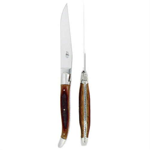 Forge de Laguiole 2 Piece Steak Knife Set Oak Barrel Wood Handle | Bone & Brass