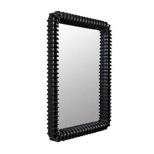 Toshi Mirror: Black hardwood wall mirror with hand-carved ribbed frame, rounded rectangular, industrial style.