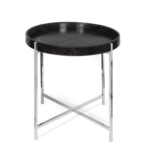Derby Black Leather Tray End Table with polished nickel frame and minimalist design.