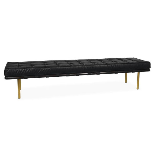 Modern black tufted leather gallery bench with gold legs, 78-inch length.