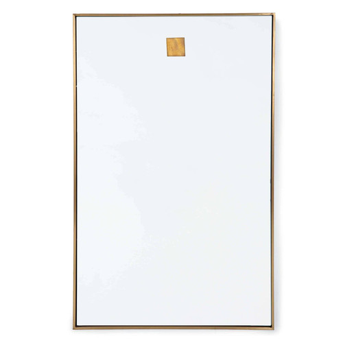 Rectangle mirror with a thin natural brass frame and a small brass hanging accent.