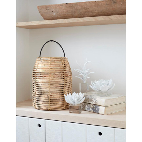 Matte white succulent resin sculpture on a clear acrylic base, next to a woven lantern and books.
