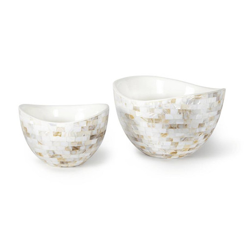 Two white ceramic Jake bowls with iridescent mother of pearl mosaic exteriors.