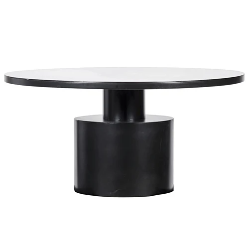 Marlow round black steel dining table with a minimalist design and sturdy cylindrical base.