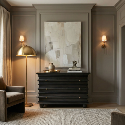 Handcrafted pale black mahogany chest with three drawers and coordinating hardware, 30"H x 42"W x 20"D.