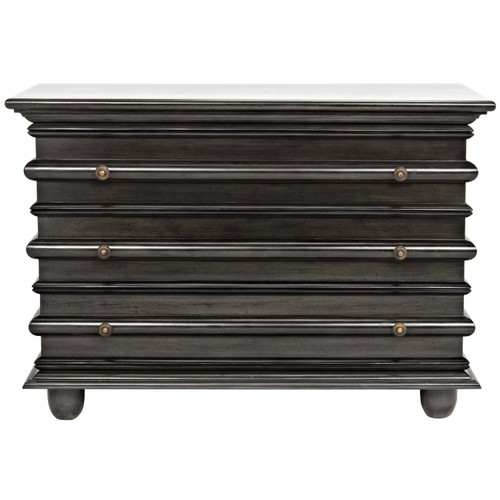 Ascona small pale black mahogany chest with three drawers and coordinating hardware.