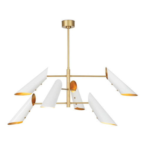 White Vest Chandelier with six conical shades and natural brass accents, mid-century modern style.