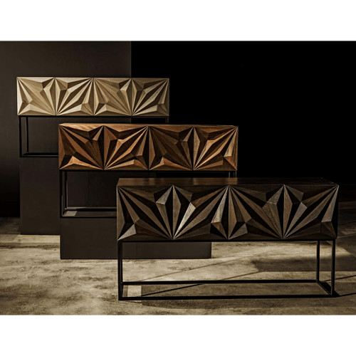 Three Zurich consoles: bleached, natural, and dark walnut with carved diamond patterns on steel bases.
