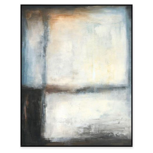 Abstract giclee painting with sunlit movement, featuring blues, creams, and dark tones in a black frame.