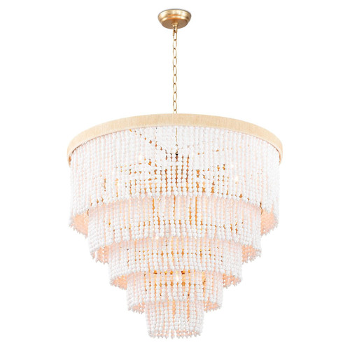 Waterfall White Beaded & Rattan Chandelier with cascading tiers of white beads and a jute-wrapped frame.