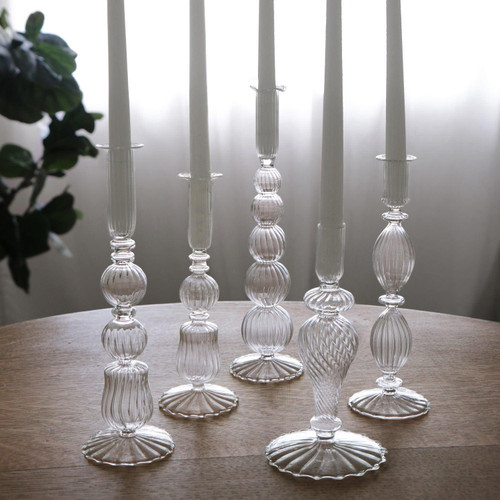 Glass Cambridge Daphne 8.5" Candlestick Holder Set 2 (Clear) - Candlestick Detail | Bone & Brass