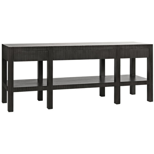 Conrad pale black solid mahogany console table with clean lines, textured drawers, and lower shelf.