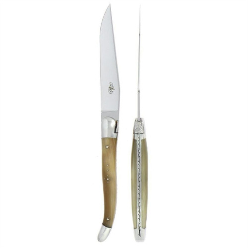 Forge de Laguiole 2 Piece Steak Knife Set Light Horn Tip | Bone & Brass