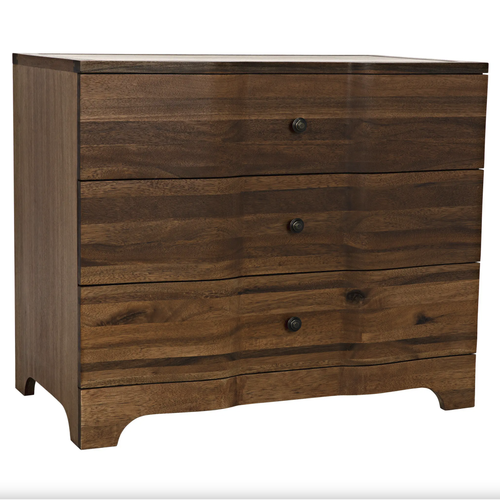 Dark walnut Claud chest with three waved drawers and round ebony knobs.