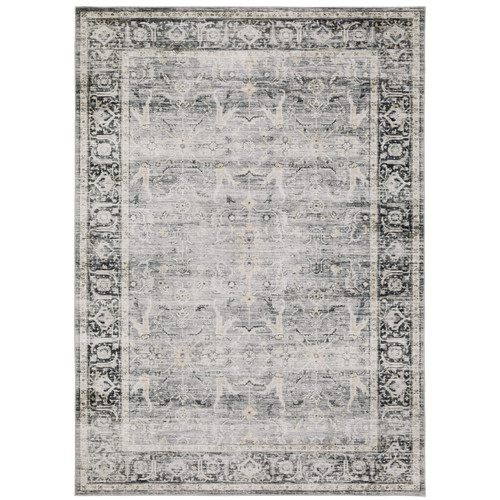 Charleston Charcoal & Grey Washable Rug with distressed traditional pattern and decorative border.