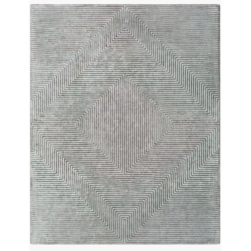 Charcoal grey and light grey striped viscose rug with a modern geometric hand-tufted design.