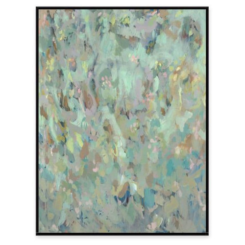 Abstract giclee painting with brush strokes in warm blush, green, and blue tones, framed in black.