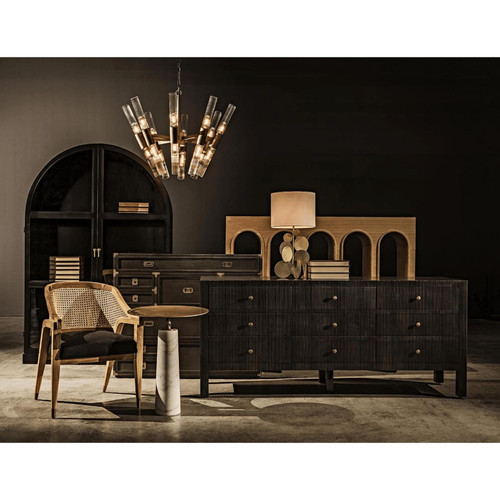 Dark mahogany Conrad 9-drawer dresser with brass pulls, fluted design, and a modern aesthetic.