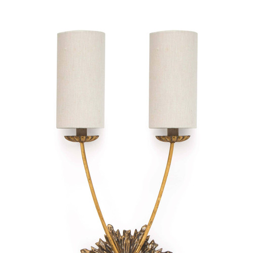 Louis Sconce: Ornate birch wood sconce with antique brass hardware and two linen shades.