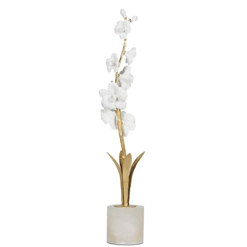 Elegant Thylane Orchid sculpture with white porcelain blossoms, gold-leaf stem, and a solid alabaster base.