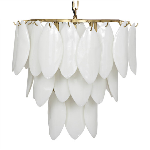 Three-tier Lotus Chandelier with handcrafted white glass petals and an antique brass frame.