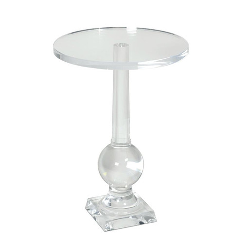 Clear acrylic Stowe Accent Table with circular top, sculptural base, and square bottom.