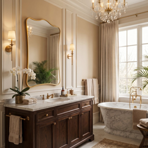 Lyrical Gold Edged Mirror with radiant gold edging in a luxurious bathroom setting.