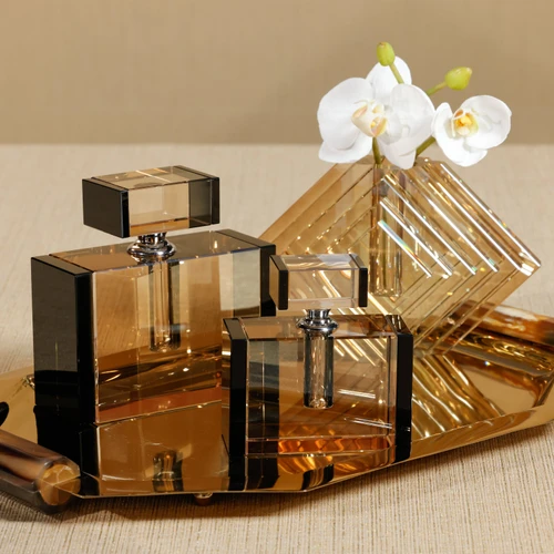 Decorative Crystal Tonal Black & Amber Glass Perfume Bottle - Detail View | Bone & Brass