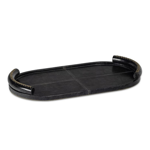 Forte Oval Leather Tray in weathered black with baseball stitching and lace-stitched oversized handles.