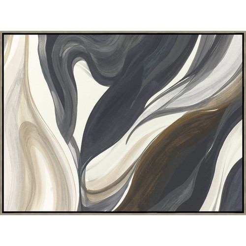 Black Wave Giclee Painting by Sara Brown, featuring fluid abstract brushstrokes in black, gray, and beige.