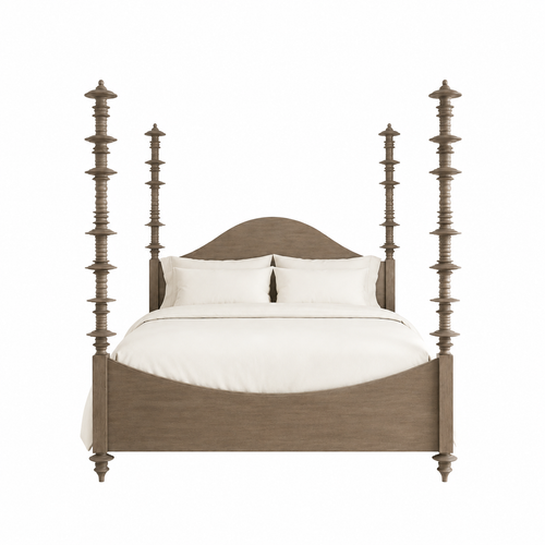 Ferret Four Poster Bed in weathered taupe mahogany with carved posts and white bedding.