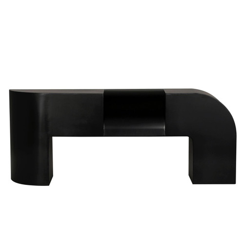 Craftor Black Console Table, 75"W industrial steel with matte black finish, modern design, curved ends, and central open shelf.