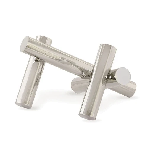 Dion Sculpture: Four elegant, polished silver metal cylinders arranged in an abstract, engaging design.