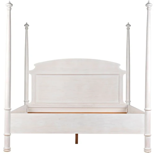 Douglas Four Poster Bed, hand-carved solid mahogany with whitewashed finish and decorative finials.