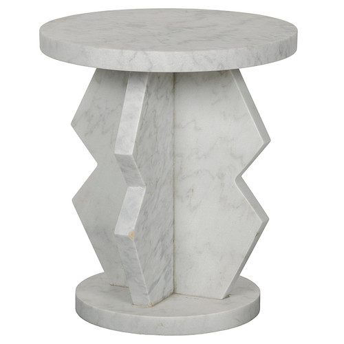 Belasco round white marble side table with a geometric-inspired base.
