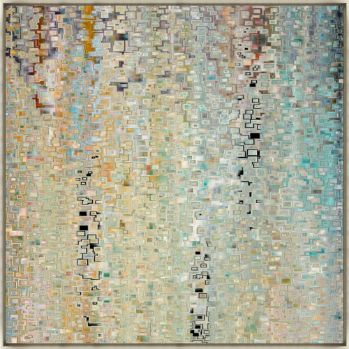 Abstract giclee painting with sunlit movement, featuring layered squares in coastal blues, greens, and warm tones.