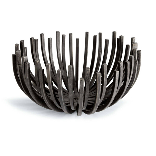 Blackened iron webbed circle decorative bowl, 17" wide, with sculpted vertical slats.