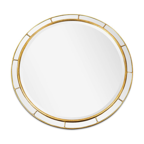Plaza Round Mirror with a gold-beveled frame and art deco design.