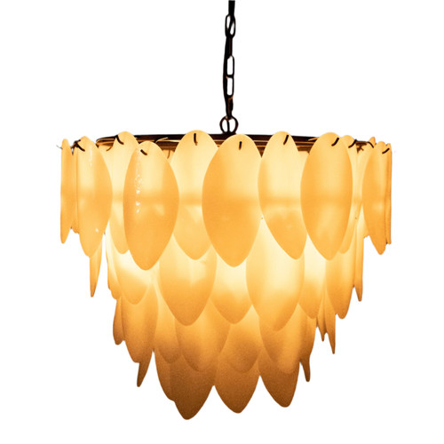 Matte black chandelier with three tiers of illuminated milk glass lotus petals and an antique brass finish.