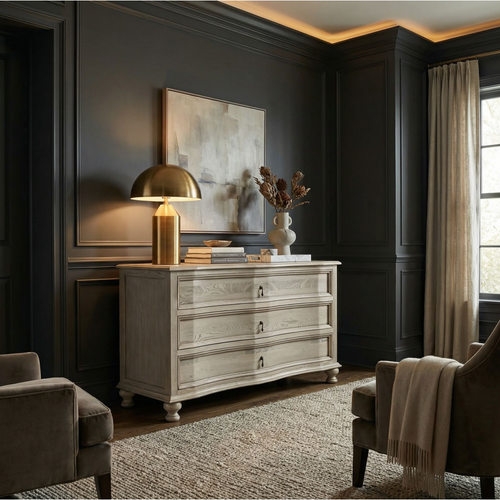 Vintage gray solid elm 3-drawer chest with curved front, metal hardware, and turned ball feet.