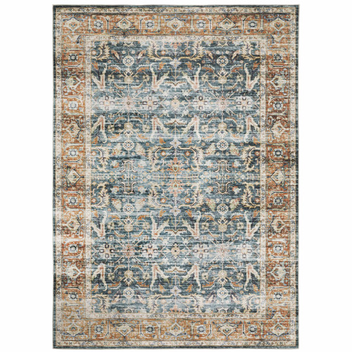 Charleston Blue & Rust washable rug with distressed traditional patterns and a blanket stitch finish.