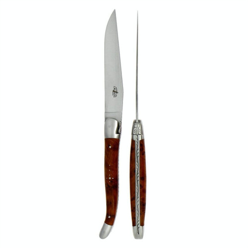 Forge de Laguiole 2 Piece Steak Knife Set Thuya Burl Satin Finish | Bone & Brass