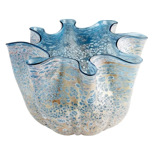 Muse Blue Art Glass decorative bowl with soft folds and textured blue, white, and earth-toned finish.
