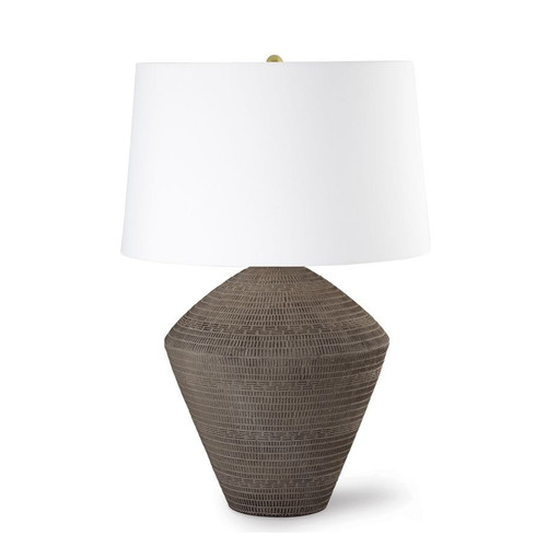 Soren Ceramic Table Lamp with a textured, dark brown earthenware base and a white linen shade.