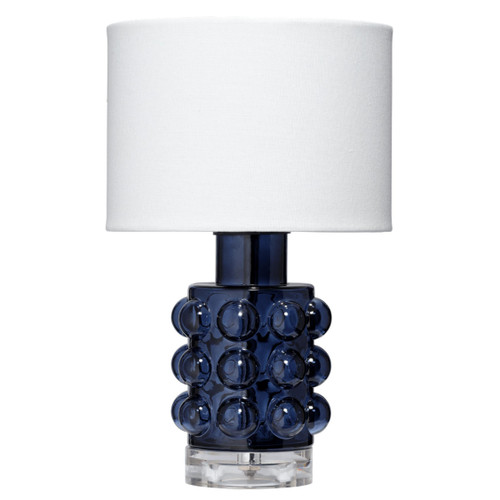 Cobalt blue glass Seltzer Mini Table Lamp with textured bubbles, clear base, and off-white linen drum shade.