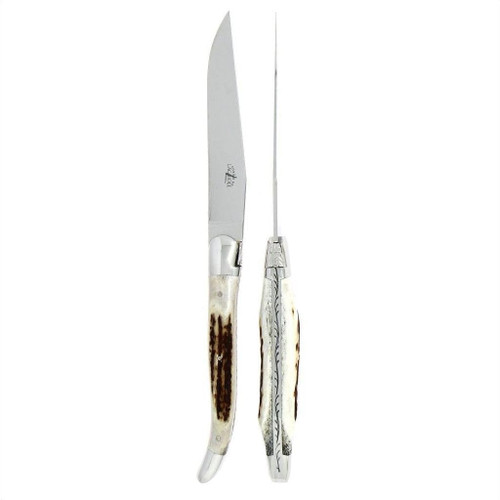 Forge de Laguiole 2 Piece Steak Knife Set Elk Stag Handle | Bone & Brass